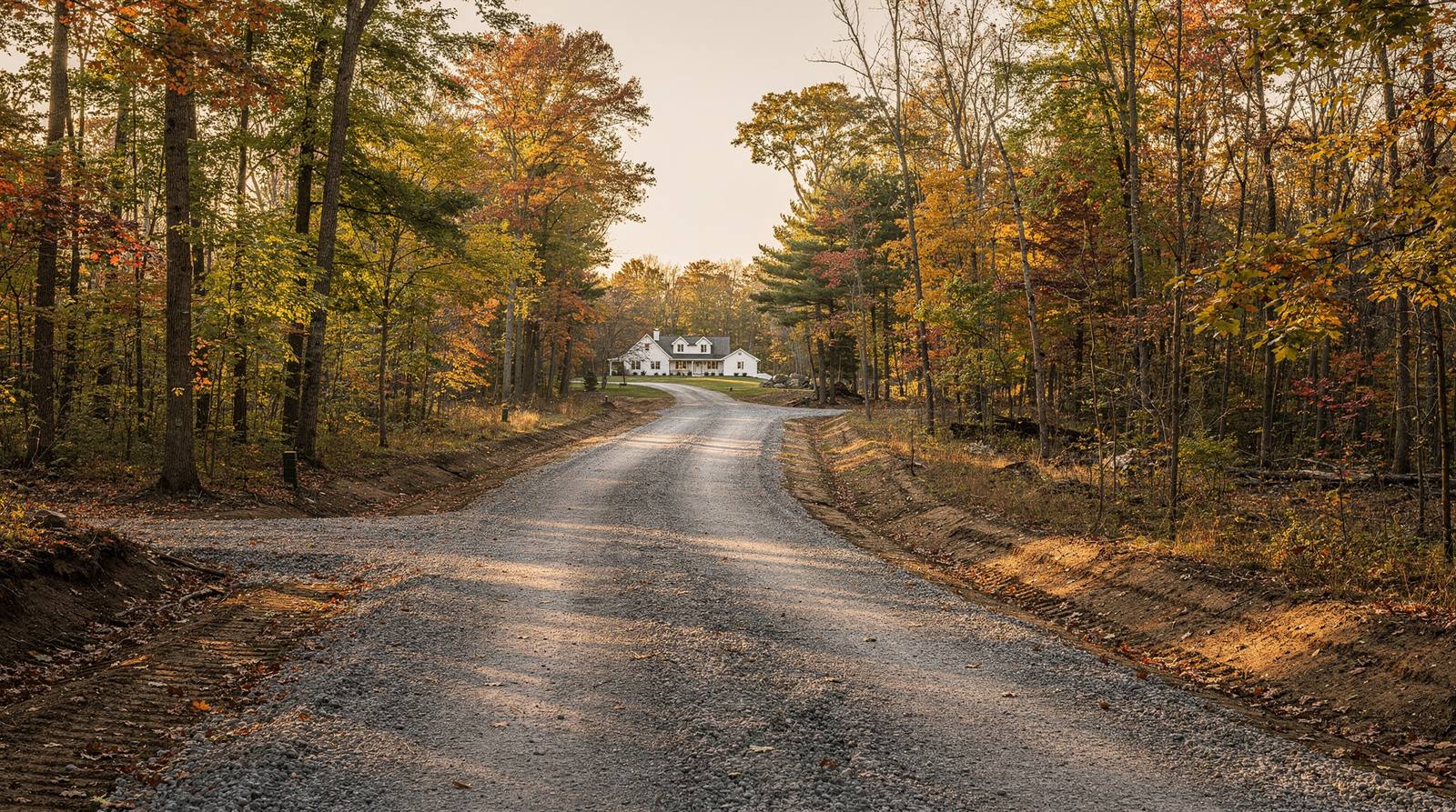 Restored crowned gravel driveway curving through a hardwood woodland